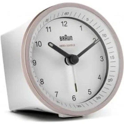 Image of Braun BC07PW DCF Radio Controlled Alarm Clock in White/Pink with Crescendo Alarm, Snooze Function and Lighting