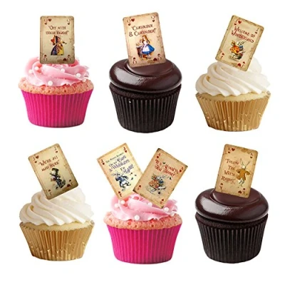 Image of 16 Stand Up Vintage Alice in Wonderland Playing Cards Edible Wafer Paper Cake Toppers Decorations