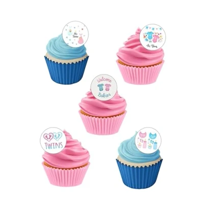 Image of 24 Pre Cut IT&#039;S TWINS BOY &amp; GIRL BABY SHOWER Themed Edible Wafer Paper Cake Toppers Decorations