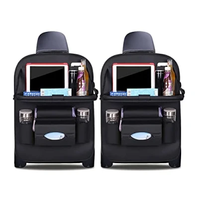 Image of Ergocar Car Back Seat Organiser Kick Mats Luxury PU Leather with Foldable Tablet Holder Organisers Storage Multi Function Protector for Long Trip and Family (Black 2 Pack)