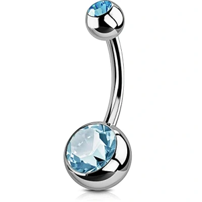 Image of OUFER Solid Titanium Belly Bars 14G Navel Rings Grade 23 Ball Double Blue Gem 1.6mm