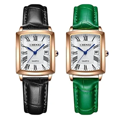 Image of JewelryWe Women Watches Square Analog Big Roman Numerals Quartz Calendar Watch Business Casual Leather Wristwatch