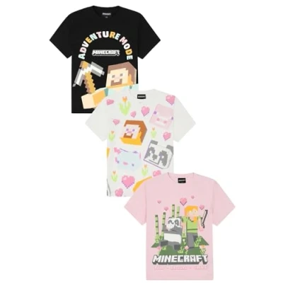 Image of Minecraft Girls 3 Pack Kids T Shirts Childrens Multipack Tshirt (8 9 Years) Multicoloured