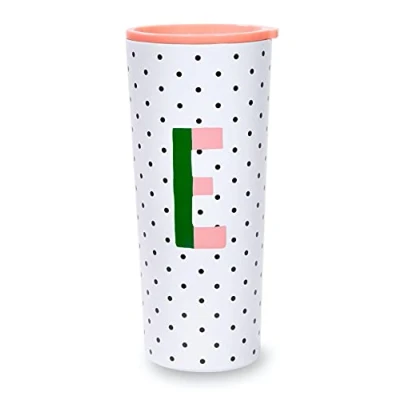 Image of Kate Spade New York Insulated Stainless Steel Initial Tumbler, 24 Ounce Double Wall Travel Cup with Lid, E (Pink)