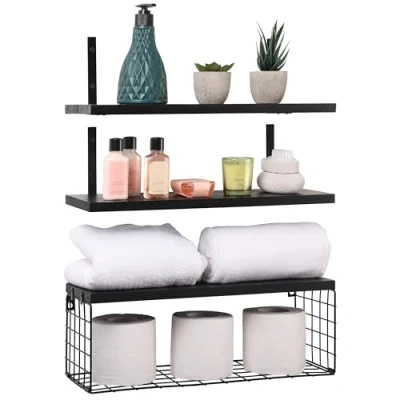 Image of BELLE VOUS 3 Pack of Black Wooden Floating Shelves 42cm/16.5 Inches Long Rustic Wall Mounted Shelf Storage Set with Basket Wood for Bedroom, Living Room, Kitchen, Bathroom or Office