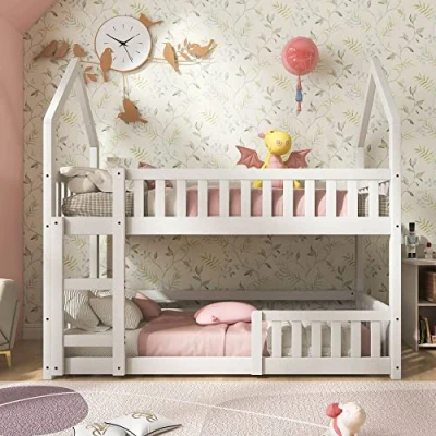 Image of BTM Wooden Bunk Beds, Beds for Kids, Twin Sleeper Bed with Ladder, Solid Wood Frame 3FT Single Bed, Gaming Castle shaped 90 x 190 cm Children&#039;s Kids Children