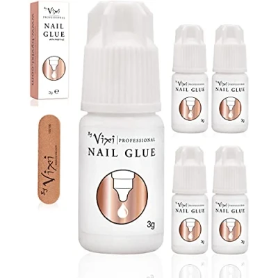 Image of 5 x 3g EXTRA STRONG NAIL GLUE with FREE PREP FILE Clear Instant Dry Adhesive, Professional Salon Quality By Vixi