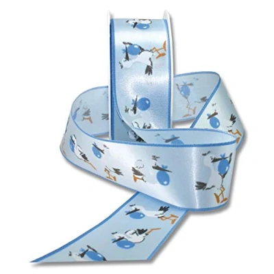 Image of Präsent Adebar Printed Satin Ribbon Blue 40 mm Width, 20 m Length