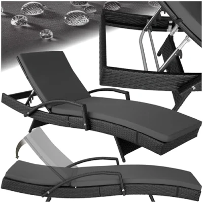 Image of TecTake® Rattan Sun Lounger, 5 Position Adjustable Backrest, Weather Resistant, Quick Assembly, Non Slip Legs, Soft Lounger Cushion with Removable Cover, Lightweight, Stable Garden Daybed black