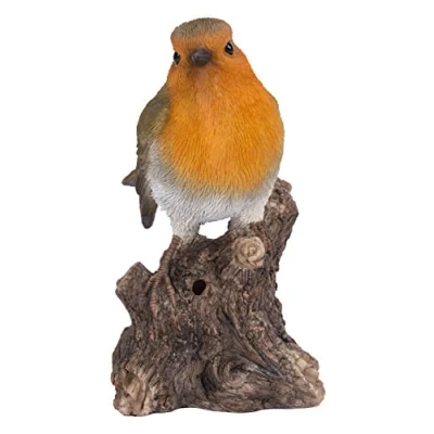 Image of Hi Line Gift Ltd. Motion Activated Singing Robin ON Stump, Brown; Orange