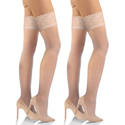 Image of Sesto Senso 2 Pack Women&#039;s Hold Ups Stockings Sexy Lace Top 15 Denier Graphite 3XL 4XL Fumo