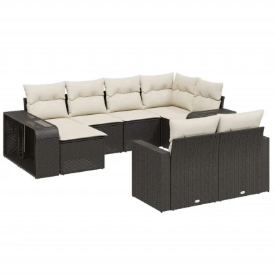 Image of vidaXL 10 Piece Garden Sofa Set with Cushions Black Poly Rattan