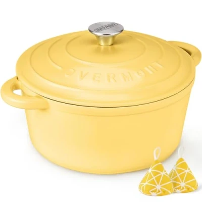 Image of Overmont 26cm/5.2L Enamelled Cast Iron Round Casserole Dish With Lid,5.5QT, Cookbook Non stick Dutch Oven for Braising, Stews, Roasting, Bread Baking Goose yellow
