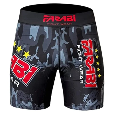 Image of Farabi Compression Short MMA Boxing Kickboxing Muay Thai Mix Martial Arts Cage Fighting Grappling Training Gym wear Clothing Shorts Trunks (Grey/Camo, Large)