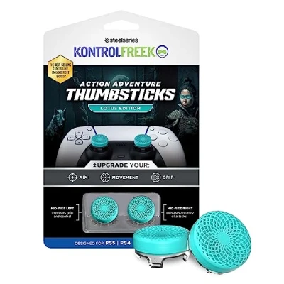 Image of KontrolFreek Lotus for Playstation 5, PS5 and 4, PS4, Performance Thumbsticks, 2 Mid Rise Concave, Teal/Clear