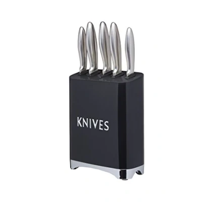 Image of KitchenCraft Lovello Retro 5 Piece Stainless Steel Knife Set and Block Midnight Black, 19 x 10 24.5 cm