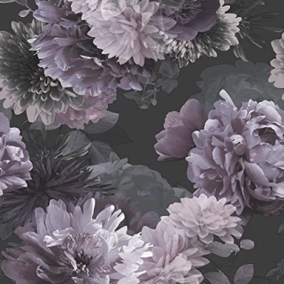 Image of Muriva Lipsy Issey Wallpaper Modern Floral for Living Room, Bedroom, Fireplace Decorative Luxury Nature Wall Paper with Blossoms of Peonies &amp; Chrysanthemums (Mauve Grey)