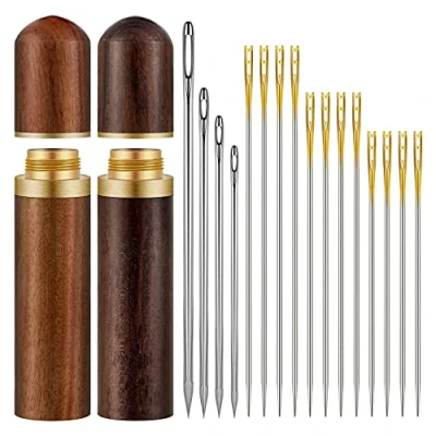 Image of Cupsofu 2Pcs Wooden Needle Case with 24 Threading Needles and 4 Eye Leather Stitching for Handmade Sewing
