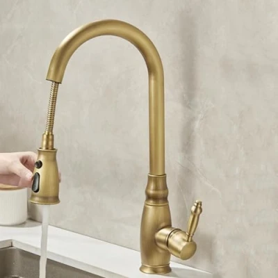 Image of Kitchen Taps with Pull Out Spray, Mixer Tap Antique Brass 360 Swivel Single Hole Sink