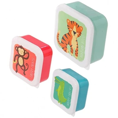 Image of Puckator Zoo Animals Reusable Lidded Snack Pot Lunch Box Set of 3, BPA Free PVC, Nursery School Travel Home, Large 5.5x11.5x11.5cm Medium 4.5x10x19cm Small 4x8.5x8.5cm