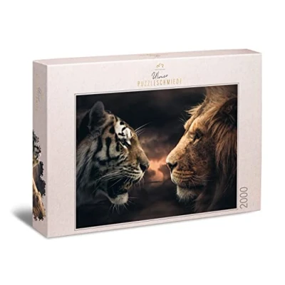 Image of Ulmer Puzzleschmiede Puzzle &quot;Rumble in the Jungle&quot; Impressive 2000 Piece with Lion and Tiger Who is King of Animals Magnificently staged Big Cat for Adults