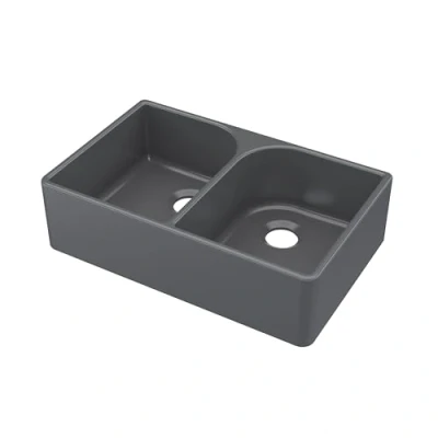 Image of Fireclay Kitchen Double Bowl Butler Sink with Full Weir, 795mm x 500mm Soft Black