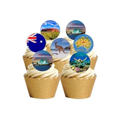Image of 24 Precut Australia themed Edible Wafer Paper Cake Toppers Decorations