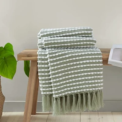 Image of Catherine Lansfield Stab Stitch 125x150 cm Blanket Throw, Sage Green