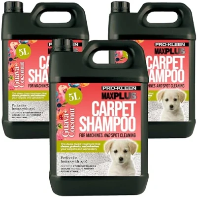 Image of Pro Kleen MAXPLUS Carpet Shampoo Cleaner Premium Formula to Remove Dirt, Stains &amp; Marks Removes Pet Deposits Odours Suitable for all Machines (Coconut and Guava Fragrance, 3 x 5 Litres)