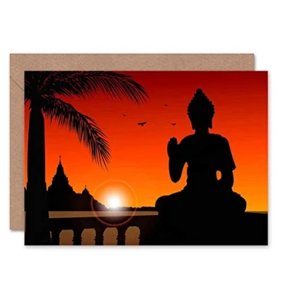 Image of Wee Blue Coo BUDDHA STATUE ZEN SUNSET BLANK GREETINGS BIRTHDAY CARD ART