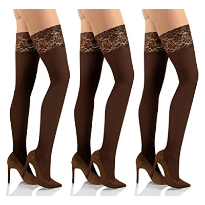 Image of Sesto Senso 3 Pack Womens Hold Ups Stockings 50 Denier Microfiber Opaque Sexy Lace Top Brown 3/4 Caffe