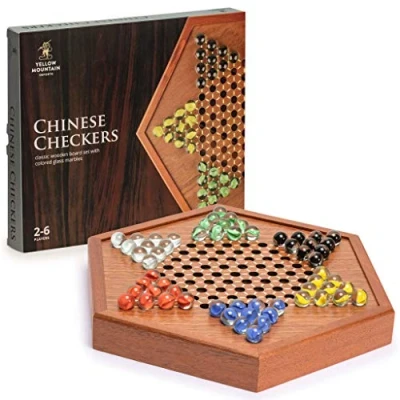 Image of Yellow Mountain Imports Wooden Chinese Checkers Halma Board Game Set 32.2 Centimeters with Drawers and Colorful Glass Marbles