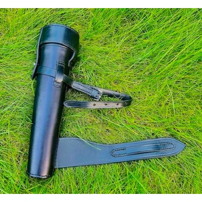 Image of Saddle Flask Leather Cased Hip Black Hunt Mounted Stainless Steel Baton Fox Hunting Horse Riding (Black)
