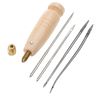 Image of Aurgiarme 4 In 1 Leather Craft Cloth Hole Tool Diamond Point Stitching Awl Wood Handle Sewing And Punching Set
