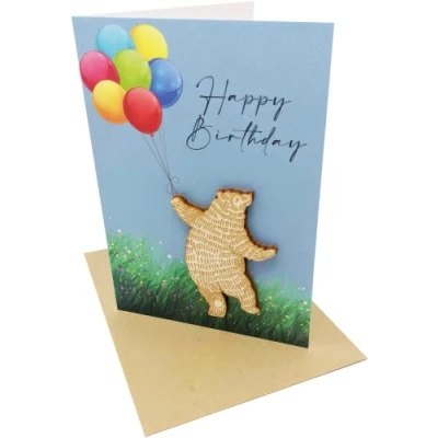Image of Happy Bear Birthday Card with Wooden Keepsake on the Front