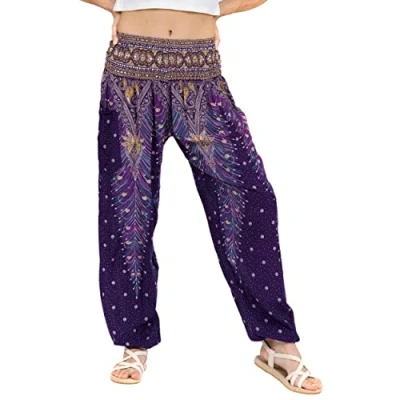 Image of Lofbaz Harem Pants for Women Yoga Boho Hippie Clothing Womens Palazzo Bohemian Pajama Trousers Beach Indian Gypsy Genie Clothes Peacock 1 Purple M
