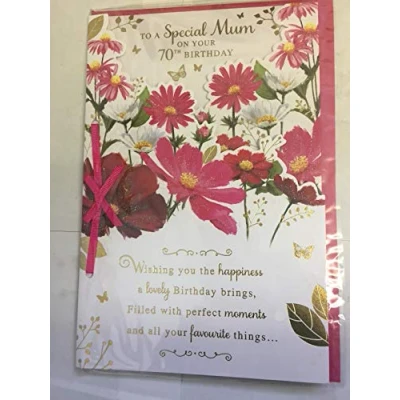 Image of To A Special Mum On Your 70th Birthday Card 70 Seventy White/Pink/Gold Flowers/Words Ribbon/Glitter/Foil Detail(PRELUDE45274)