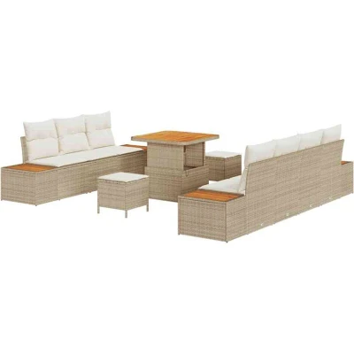 Image of vidaXL 10 Piece Garden Sofa Set with Cushions Beige Poly Rattan Acacia