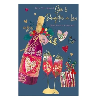Image of Son &amp; Daughter in Law Christmas Card Champagne and Love Hearts Artistic Festive Design Special Finishes Made the UK Eco Friendly
