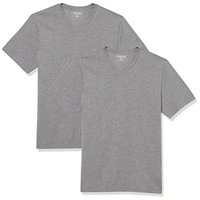 Image of Amazon Essentials Men&#039;s T Shirt Slim Fit Short Sleeved V Neck, Pack of 2, Grey Heather, XL