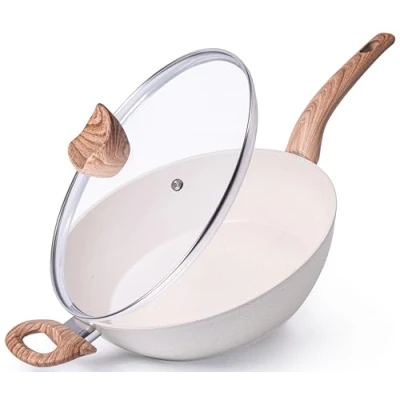Image of nuovva Non Stick Saute Pan Induction Hob Saucepan with Lid Kitchen Cookware 28cm Cream Granite Chef&#039;s Frying