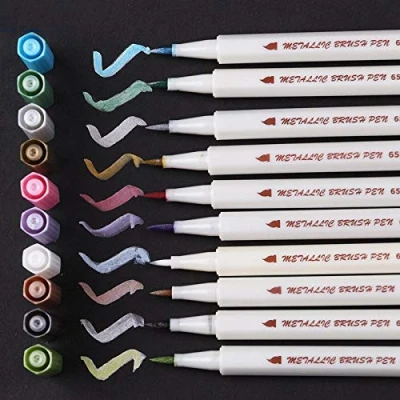 Image of Metallic Pen Set Brush Tip Fineliner 10 Colours Colour Marker Pens Photo Album Wedding Stones Black Sides Ceramic Wood Canvas Acrylic Hand Lettering