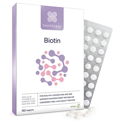 Image of Healthspan Biotin 1,000μg (6 Months Supply) Vitamin B for Healthy Hair &amp; Skin Supports Macronutrient Metabolism One a Day Tablets Vegan