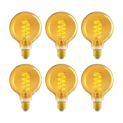 Image of Amazon Basics E27 Vintage LED Bulb, Antique Style Retro Amber Glass, G93, 4W (equivalent to 25 W), Pack of 6, 1800K Ultra Warm Light For Decoration