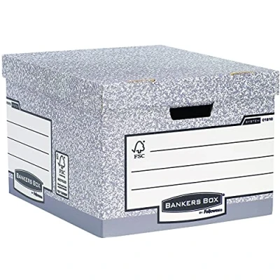 Image of BANKERS Box 10 Large System Storage with Lids Cardboard for Office Archive Boxes Handles W38 x H28.7 D43cm (Pack of 10) Grey