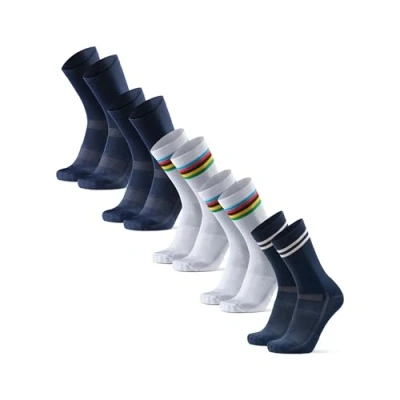 Image of DANISH ENDURANCE Performance Crew Cycling Socks, Cushioned Bike for Men &amp; Women, Unisex, 3 or 5 Pack, MC (2xNavy, 2xWhite/Stripes, 1xNavy/Stripes) packs, 6 8