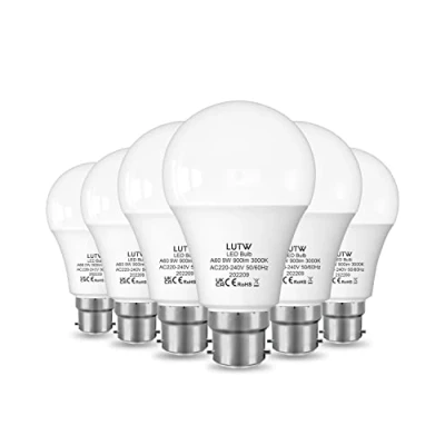 Image of LUTW B22 LED Light Bulbs Bayonet, 60W Equivalent, Warm White 3000K, 9W 900lm Bulbs, BC GLS Energy Saving Non dimmable, Pack of 6