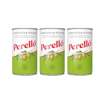 Image of Perello Spanish Manzanilla Pitted Green Spicy Olives, 150g (Pack of 3)