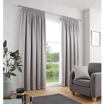 Image of Fusion Silver Curtains W90 x L90&quot; (229 229cm) 100% Cotton 2x Panels Pencil Pleat in Grey Thermal &amp; Soundproof for Bedroom Light Pleated Drapes