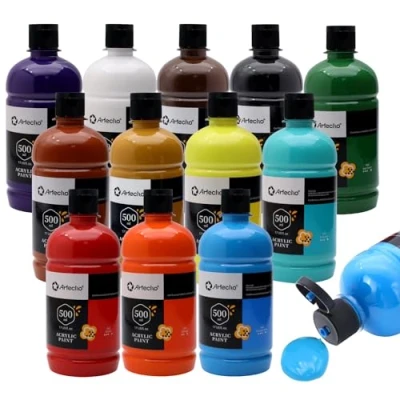 Image of Artecho Acrylic Paint Set for adults 12 Colours (17 oz/500ml Each), Ideal Canvas, Fabric, Pumpkin, Rock, Leather, Model, Ceramic, Plastic, Clay, Glass.